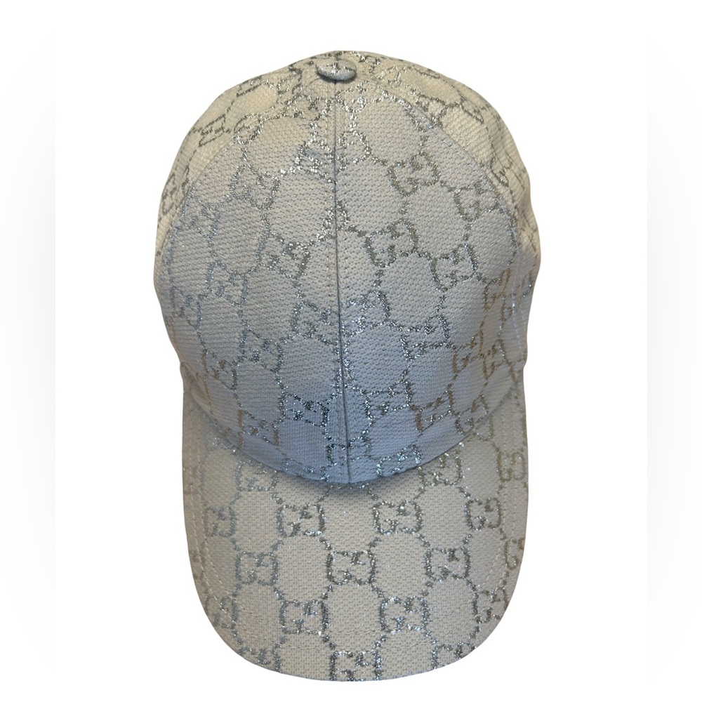 Authentic!Gucci Silver and Cream Monogram Cap Sz L 58 cm Good Condition